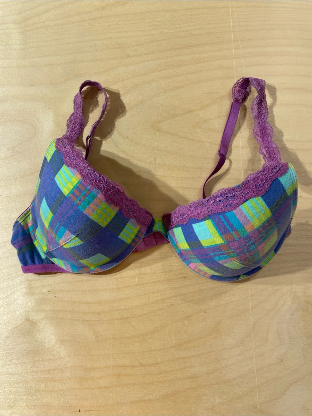 Flirtitude Purple Plaid Lace-Trim Push-Up Bra Underwire 38B (SJ)